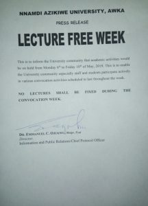 UNIZIK Declares Next Week Lecture Free Ahead of Convocation Ceremony