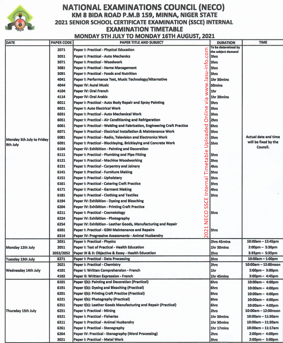 NECO SSCE (Internal) Timetable [5th July - 16th August 2021]