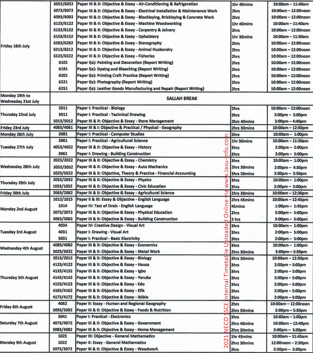 NECO SSCE (Internal) Timetable [5th July - 16th August 2021]